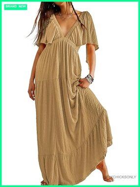 V-Neck Maxi Dress Tiered Ruffle Flutter Sleeve Backless Elastic Waist Flowy